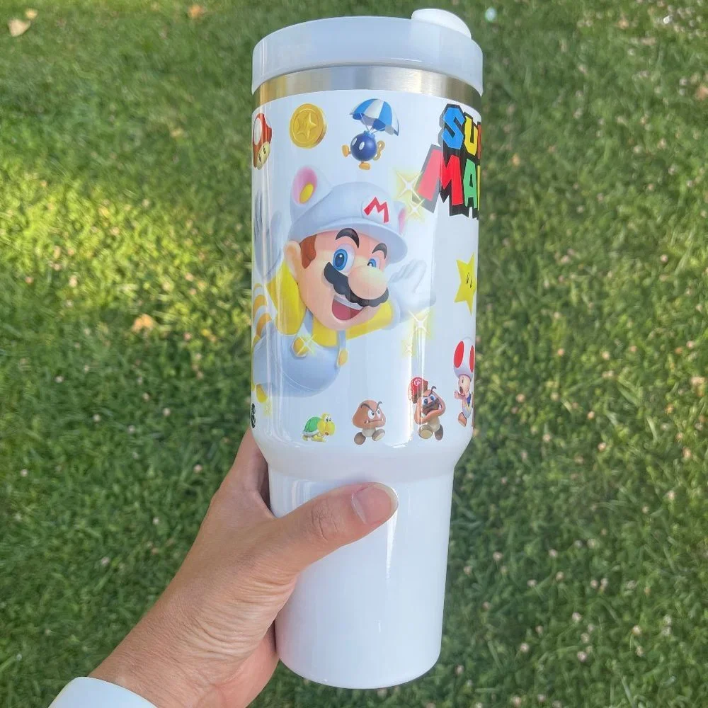 Custom Nintendo Super Mario Bros Tumbler 40 oz tumbler with hand carry handle. B